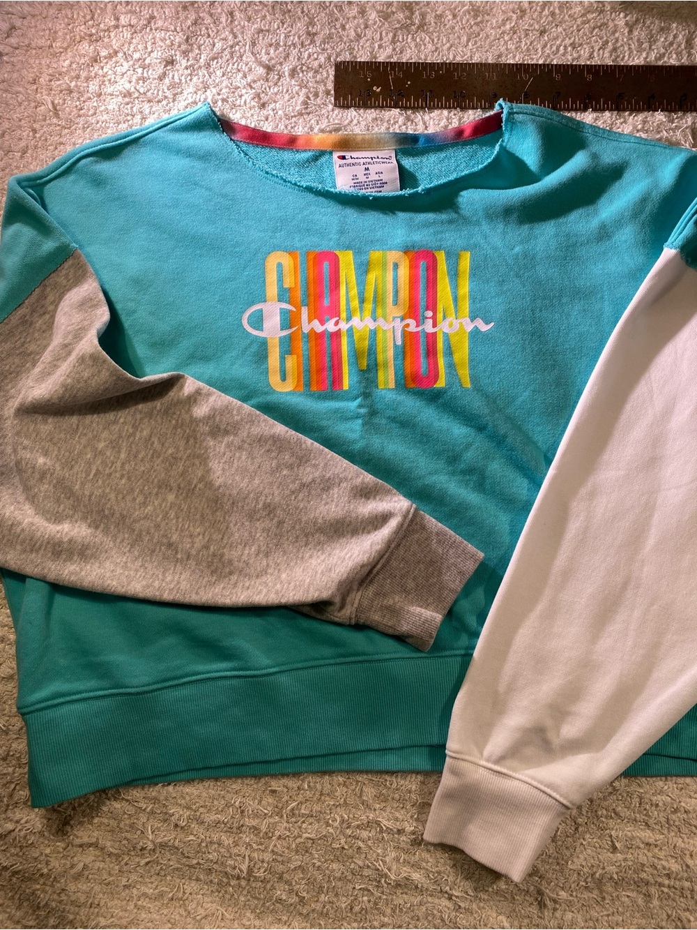 Champion Teal Colorblock Off-the-Shoulder Sweatshirt with Multicolor Logo